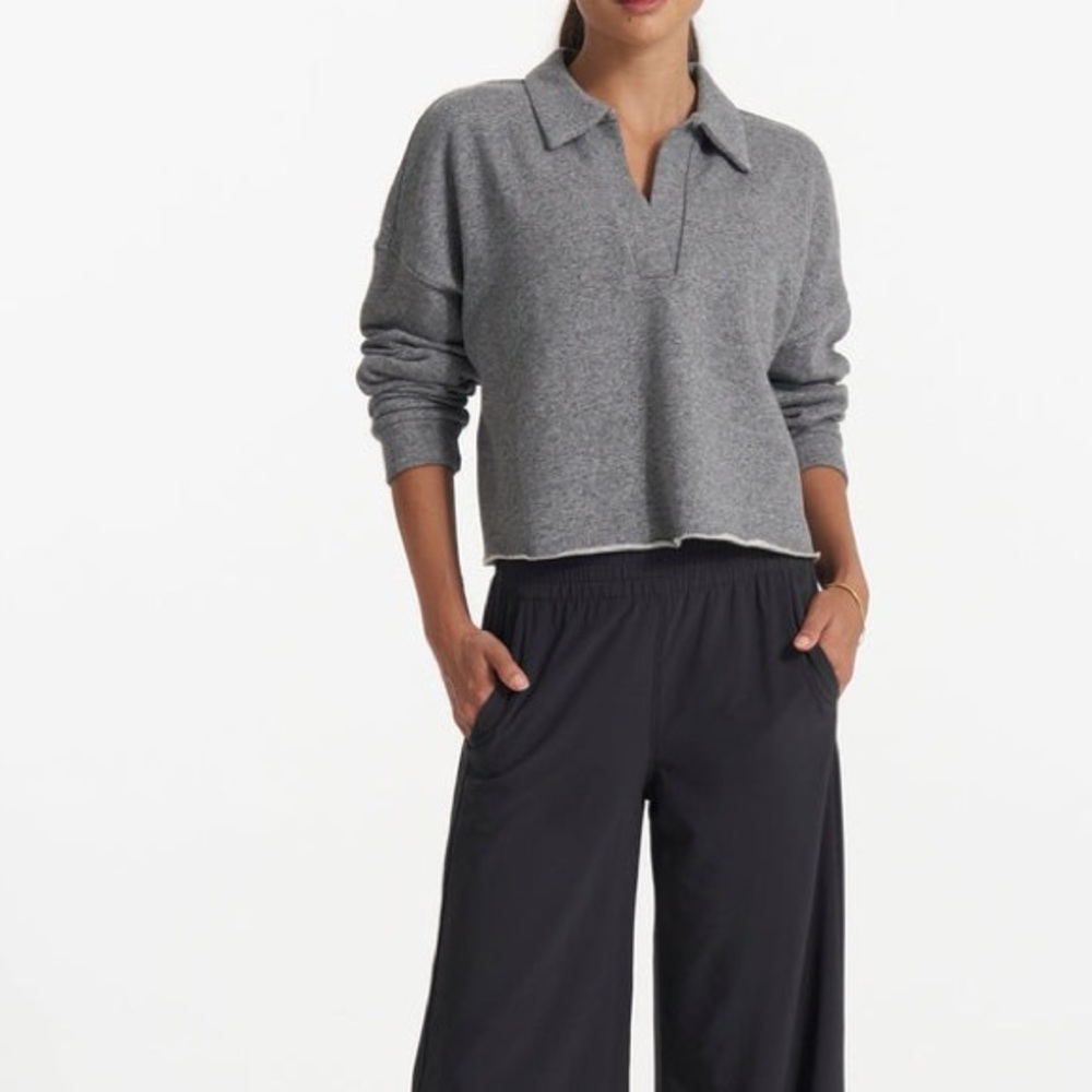 Vuori Sedona Polo Long Sleeve Fleece Sweatshirt Cropped Heather Grey XS